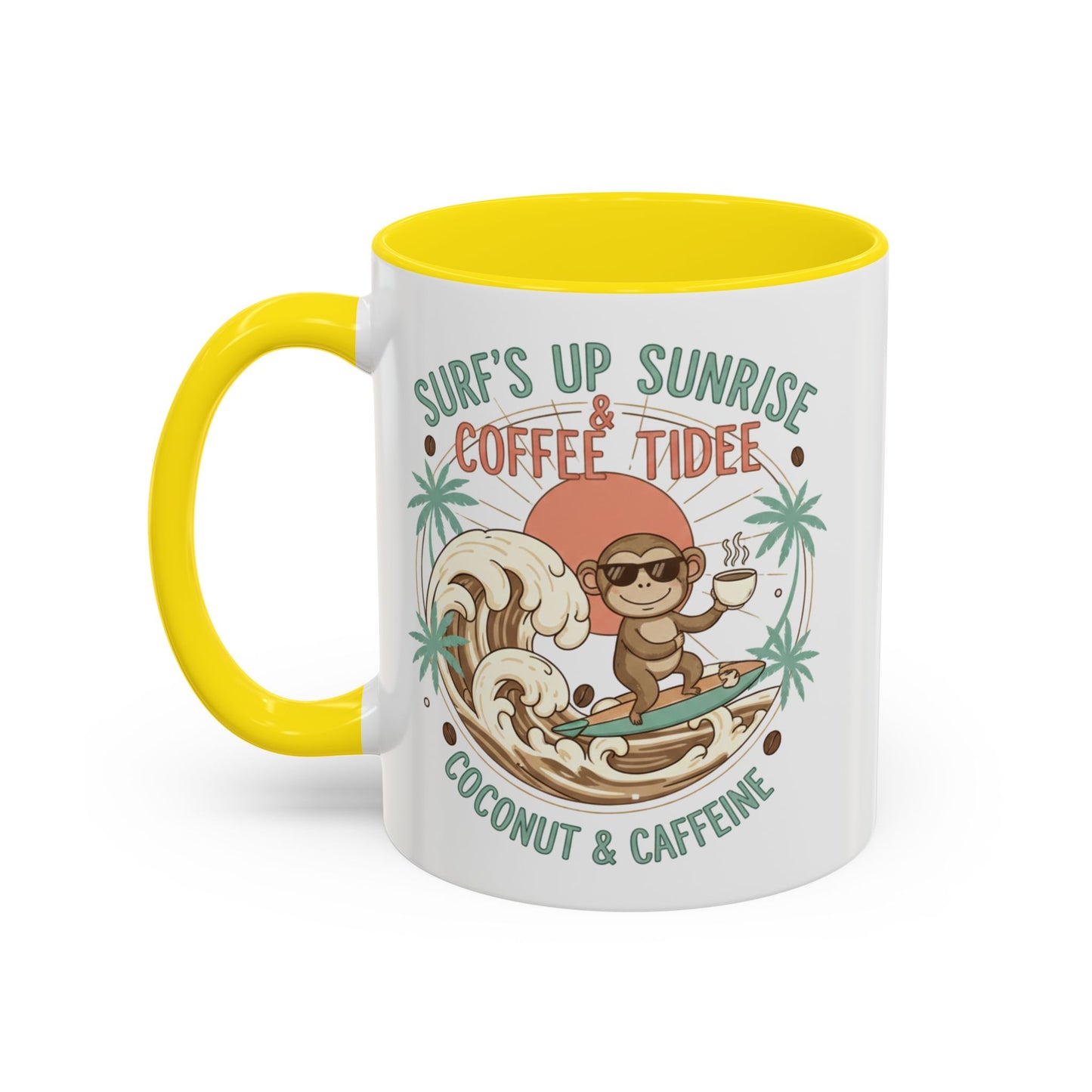 Coffee Mug “Surf’s Up Sunrise: Coconut & Caffeine” Tropical Surf Monkey Accent Mug