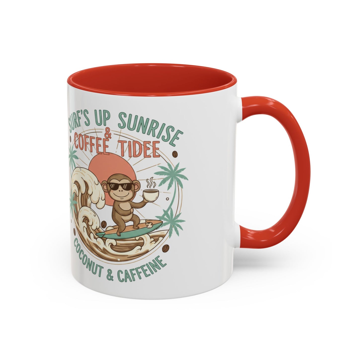 Coffee Mug “Surf’s Up Sunrise: Coconut & Caffeine” Tropical Surf Monkey Accent Mug