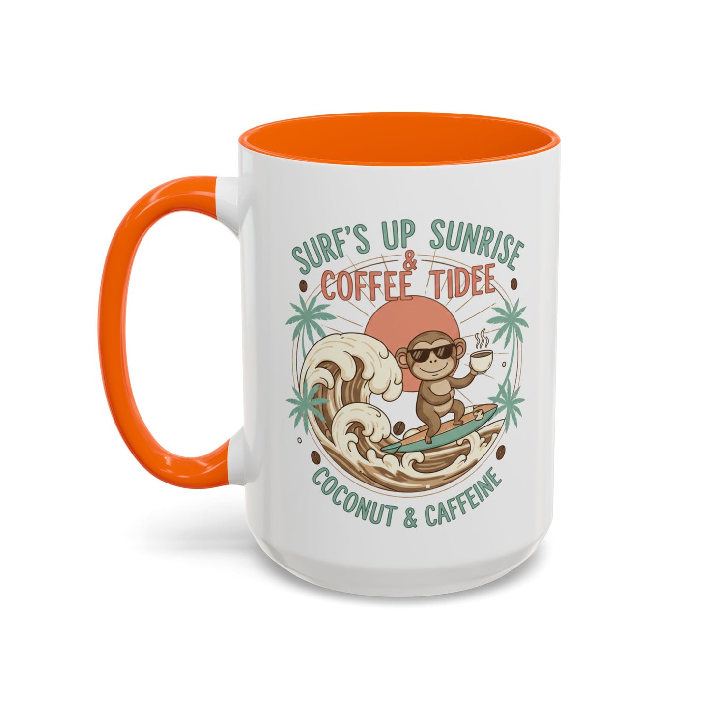 Coffee Mug “Surf’s Up Sunrise: Coconut & Caffeine” Tropical Surf Monkey Accent Mug