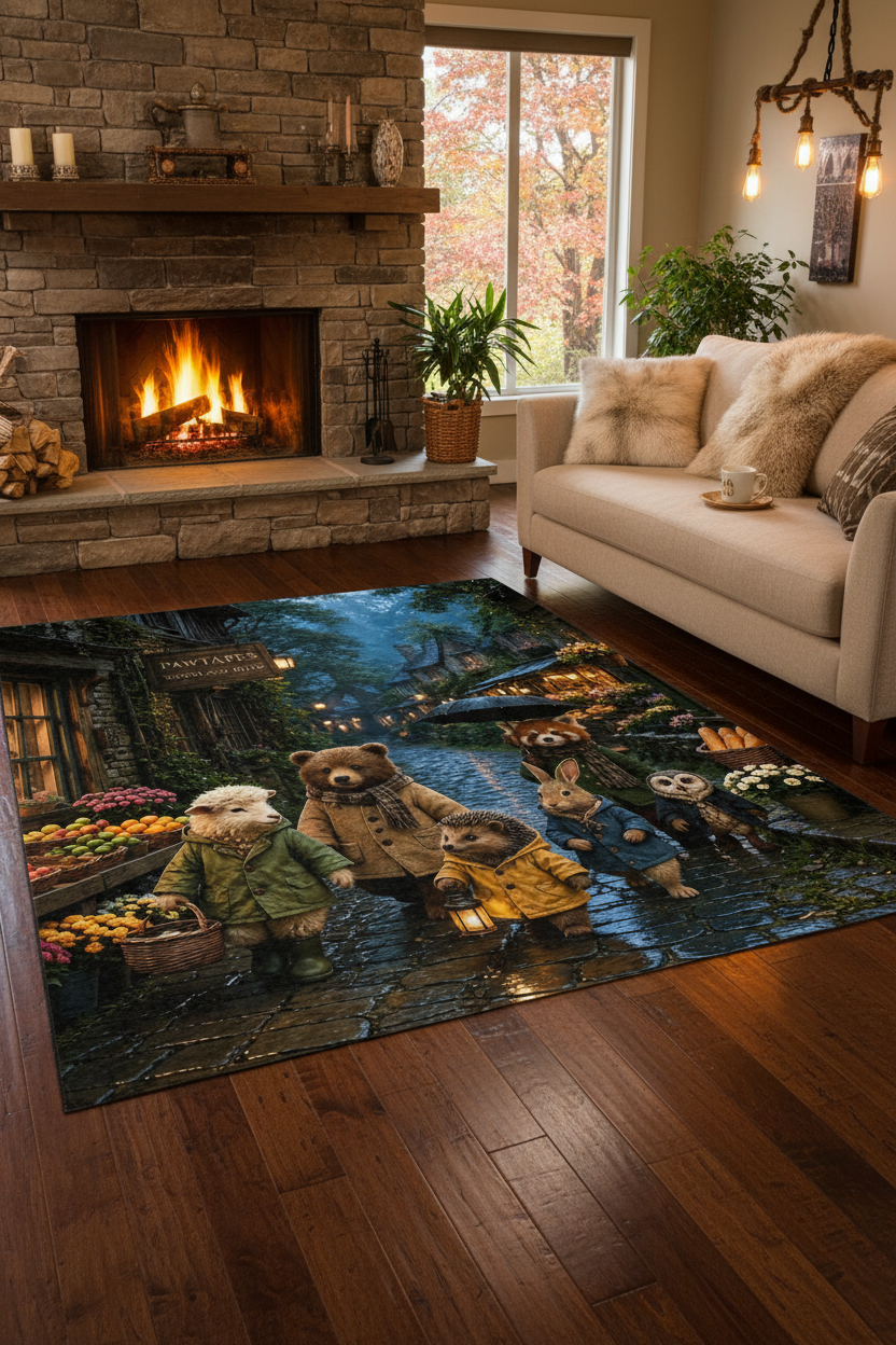 PawTapes Woodland Road Rug - Cozy Fireplace Mockup